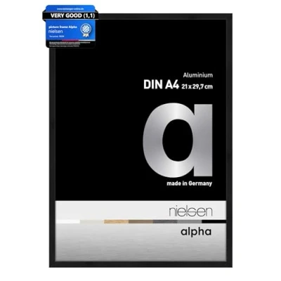 Image of nielsen Alpha Photo Frame A4, 21x29.7cm Aluminium Picture Frame, Black with Protective Float Glass and Push Turn Clips Jet Matt