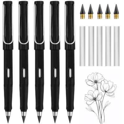 Image of EASYKEENECOM Everlasting Pencil, 6pcs Infinity Pencil with Eraser and Replacement Nibs, Reusable Inkless for Writing, Drawing, Students Home Office School Supplies (Black)