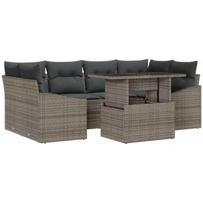 Image of vidaXL 7 Piece Garden Sofa Set with Cushions Grey Poly Rattan
