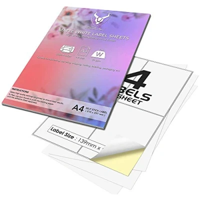 Image of 4 Labels Per A4 Sheet, 100 Sheets 400 Sticky Label, Printable Sticker Paper, iSOUL Matte Self Adhesive Adress Mailing, Shipping, Postage, Laser &amp; Inkjet Printer Compatible [Quickdry]