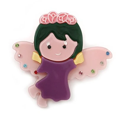 Image of Avalaya Purple/Dark Green/Baby Pink Austrian Crystal, Acrylic &#039;Little Angel&#039; Brooch 50mm Length