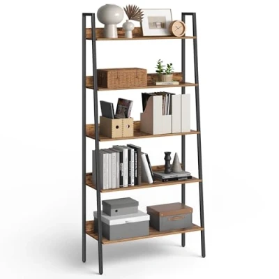 Image of VASAGLE LLS129B01 5 Tier Narrow Ladder Shelf for Home Office, Living Room, Bedroom, Kitchen, Industrial, Rustic Brown and Ink Black
