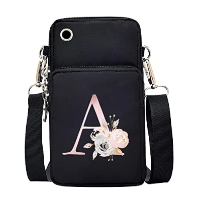 Image of FINDING CASE initial letter Printed Women Girls men Zipper Waterproof Nylon 3 Layers Crossbody Bags Wallet Cellphone Purse Shoulder Bag Wristlet Handbags Adjustable Strap (Pink Flower A)