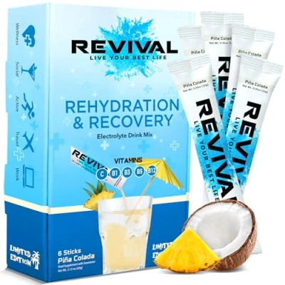 Image of Revival Rapid Rehydration, Electrolytes Powder High Strength Vitamin C, B1, B3, B5, B12 Supplement Sachet Drink, Effervescent Electrolyte Hydration Tablets 6 Pack Pina Colada