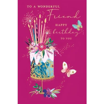 Image of Abacus Cards Friend Birthday Card Happy with Floral Cake and Butterflies Design Special Finishes for Women