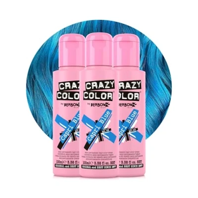 Image of Crazy Color Vibrant Capri Blue Semi Permanent Trio Hair Dye. Highly Pigmented Electric Conditioning &amp; Oil Nourishing Vegan Formula No Bleach or Ammonia 300ml