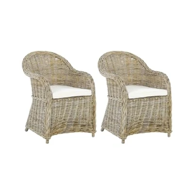 Image of Beliani Set of 2 Indoor Natural Rattan Wicker Chairs Off White Cushion Susua