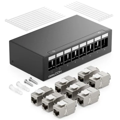Image of deleyCON 8 Port Patch Panel Set Field Distribution 1HE + 4x RJ45 Keystone Jack Modules STP CAT6a Compatible with CAT5 CAT6 CAT7 Installation Cable Network Ethernet LAN DSL Black