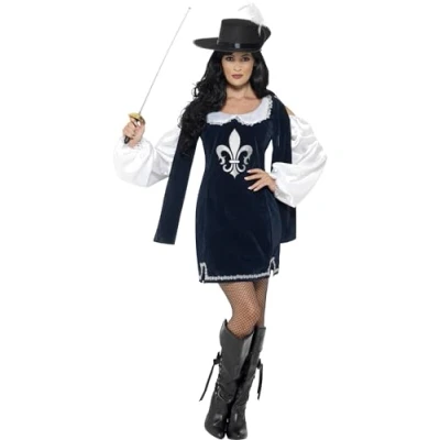 Image of Smiffys Musketeer Female Costume, Navy with Dress &amp; Hat, Historical Fancy Dress, Medieval Up Costumes
