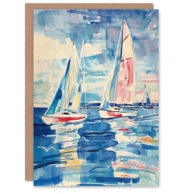 Image of Artery8 Sailboats at Sea Oil Painting Nautical Seascape Greeting Birthday Card Him Her All Blank