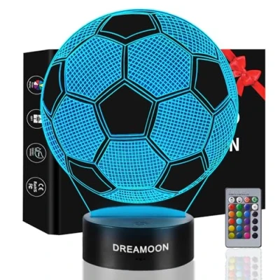 Image of DREAMOON Football Gifts for Boys, Night Light Kids Girls, 3D Lamp, 16 Colours Change &amp; Remote Control, 6 7 8 9 10 Year Old Boy Birthday Bedroom Accessories Decor