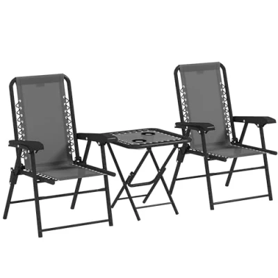 Image of Outsunny 3 Pieces Garden Bistro Set, Folding Table and Chairs Metal Furniture Set with Cup Holders for Outdoor, Patio, Balcony, Dark Grey