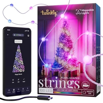 Image of Twinkly Strings USB C Pearls 100 LED, Pearl Shape LED Light String, Christmas Lights, RGB Multicolor Mappable LEDs, Compatible with Alexa, Google Home, Power, Transparent Wire, 6m