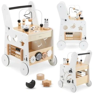 Image of Mamabrum Wooden 6 in 1 Baby Walker with Activity Table Push Along Shape Sorter, Bead Mazes, Abacus, Gears and Stacking Blocks, Educational Play Centre for Toddlers 12+ Months
