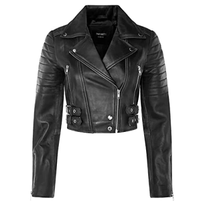 Image of Ladies Cropped Jacket Short Body Gothic Top BLACK Chic Biker REAL LEATHER 5XL