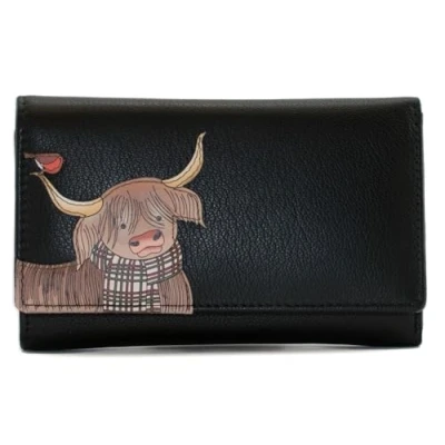 Image of Mala Leather Callum Highland Cow &amp; Robin RFID Large Trifold Soft Purse (Black)