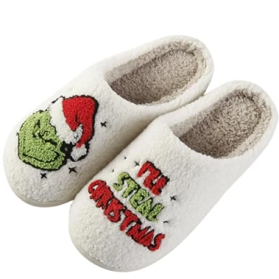 Image of ENIXWH Grinch Slippers Christmas Happy for Women Men Funny Plush Winter Warm Fluffy Slippers, Christmas, 5/6 UK