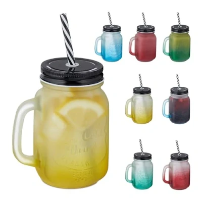 Image of Relaxdays Jars, with Lid and Straw, Set of 8, 400 ml, Frosted Look, Drinking Cups Handle, Colourful/Black, 14 x 11 8 cm