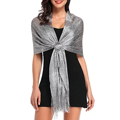 Image of vimate Dark Silver Grey Shawls and Wraps for Evening Dresses, Shimmery Buckle Party Dresses（UK Grey）