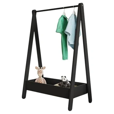 Image of URBNLIVING Kids Wooden Hanging Dress Up Clothes Rail Rack Display Stand Extra Storage Shelf (Black)