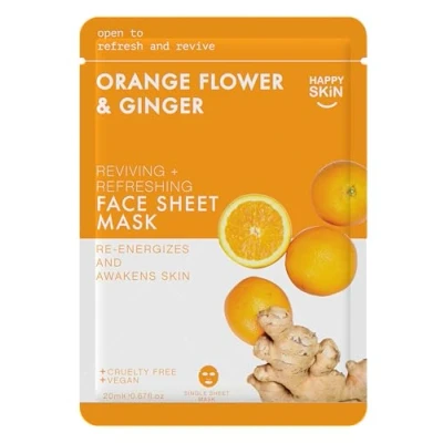 Image of Happy Skin Vitamin C Sheet Masks Hydrate &amp; Nourish Dehydrated, Dull, Tired Mature with Antioxidants, Hyaluronic Acid, Glycerin, Aloe B5 Moisturising Masks, 5 Pack 20ml