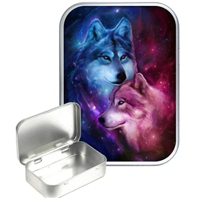 Image of TEEZ Wolf Love 30ml Small Silver Hinged Tin, Pill Tin,Gift Box,1oz Tobacco Tin