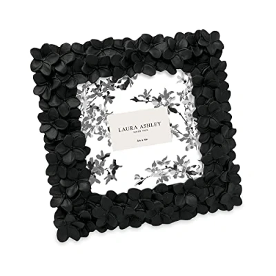 Image of Laura Ashley 4x4 Black Flower Textured Hand Crafted Resin Picture Frame w/Easel &amp; Hook for Tabletop Wall Display, Decorative Floral Design Home D cor, Photo Gallery, Art (4x4, Black)