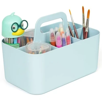 Image of BELLE VOUS Plastic Desk Organiser Caddy with Handle Stackable Storage Adjustable Divider for Makeup, Cleaning Supplies, Art and Crafts