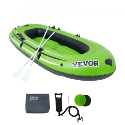 Image of VEVOR Inflatable Boat, 4 Person Fishing Strong PVC Portable Boat Raft Kayak, 45.6&quot; Aluminum Oars, High Output Pump, Rod Holders, and 2 Seats, 1100 lb Capacity for Adults, Kids