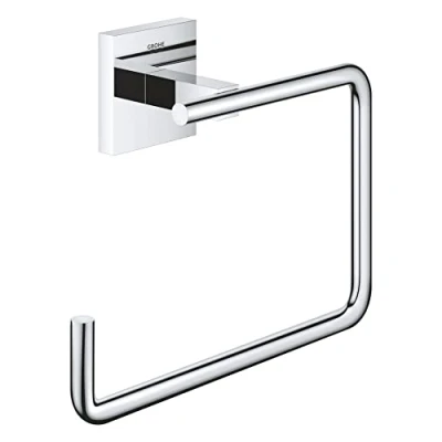 Image of GROHE Start Cube Towel Ring Bathroom Wall Mounted Holder (Metal, Concealed Fastening, Including Screws and Dowels), Size 193 mm, Extra Easy to Fit with QuickGlue, Chrome, 40975000