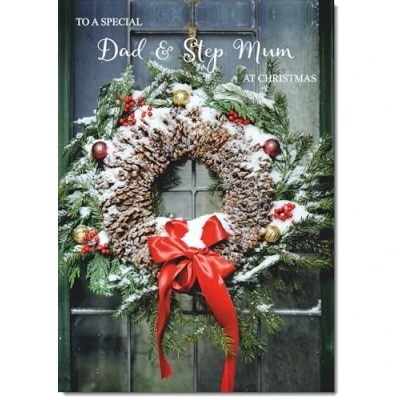 Image of doodlecards Dad and Stepmum Christmas Card Wreath Medium Size for &amp; with Plain Envelope
