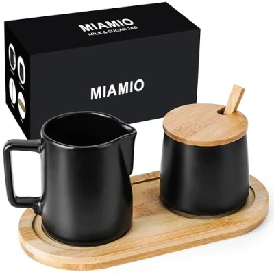 Image of MIAMIO Sugar and Cream Serving Set with Lid Spoon/Ceramic Coffee Bar Accessories Microwave &amp; Dishwasher Safe (Black)
