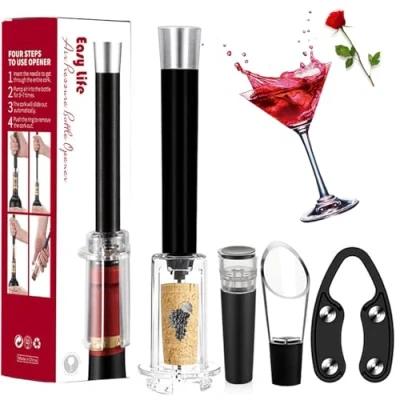 Image of MIRACLEW Wine Opener, Air Pump Cork Remover Bottle Opener Set, Miracle Pressure with Vacuum Stopper, Pourer, Paper Cutter (Black)