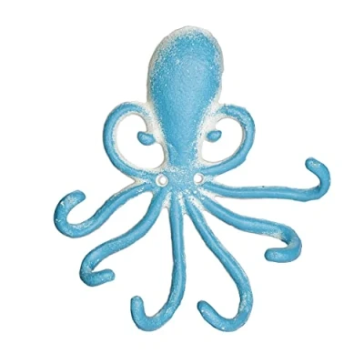 Image of Relaxdays Wall Hook Rail Octopus, 6 Coat Hangers, Cast Iron, HWD: 16.5 x 15.5 4 cm, Antique Key, Light Blue/White
