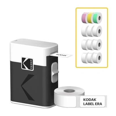 Image of KODAK Label Era M50 Maker Machine Bundle, White (Printer with 1 Roll Sticker + 12 Rolls, 9 Pink/Green/Yellow each)