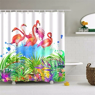 Image of Flamingo Shower Curtain Mould Resistant Waterproof Bathroom Curtains W180cm x L210cm, Long with Hooks, Polyester Washable Bath Curtains, Quick Drying Garden Outdoor