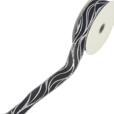 Image of Crafty Capers Black &amp; Silver Christmas Glitter Wired Ribbon 25mm Wide 10m Reel