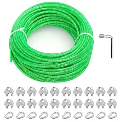 Image of hannger 5MM Wire Rope, 30M PVC Coated Cable Metal Steel Trellis Kit, Multi use Clothes Line for T Post/Climbing Grapevines Plants Outdoor/String Light Hanging Kit