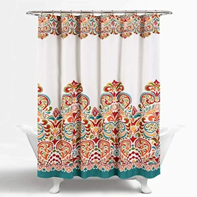 Image of Lush Decor Clara Shower Curtain Fabric Colorful Boho Paisley Damask Print Design, 72 x 72, Turquiose &amp; Tangerine