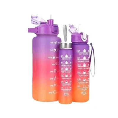 Image of YSAMAX Water Bottle With Straw, Reusable BPA Free Sports Bottle, Leakproof Drinks Time Markings, Motivational Quotes, 3PCS 2L, 700ML, 300ML, Purple