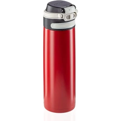 Image of Leifheit Insulating mug Flip 600 ml, coffee 100% leak proof, practical one hand opening, drinking to go with fruit filter, keeps drinks hot for up 6 hours, red