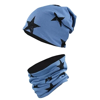 Image of TupTam Childrens&#039; Slouchy Beanie and Loop Scarf Set, Stars Black/Jeans, 6 7/8 7 1/8