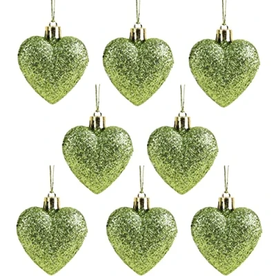 Image of Christmas Concepts® Pack of 8 60mm Heart Shaped Tree Baubles Glitter Decorated (Lime Green)