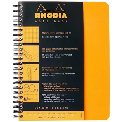 Image of RHODIA 193428C Spiral Notebook (Full Binding) Orange A5+ Small Squares 160 Detachable Pages White Clairefontaine Paper 80 g/m Soft and Resistant Cover Classic