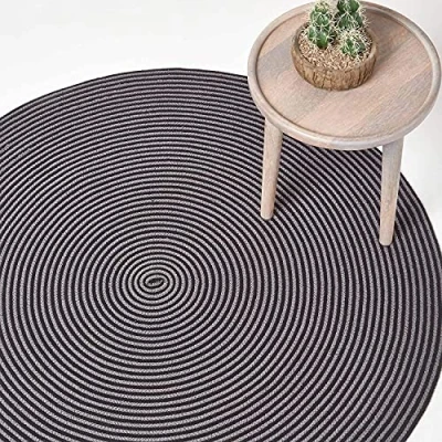 Image of HOMESCAPES Grey and Black Handwoven Braided Spiral Rug 200cm Round Pattern Large Cotton