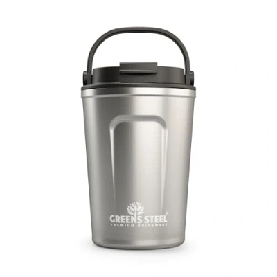 Image of Greens Steel Reusable Coffee Cup 350 ml (12 oz) Silver Travel Mug with Lid &amp; Handle Stainless Insulated Flask for Hot Cold Drinks Leak Proof Tumbler Tea, Coffee, Iced