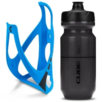 Image of Cube HPP Cage Classic Blue/Black &amp; Icon Bottle Black, 500ml / Water Drink Flask Vessel Bidon Holder Mount Bracket Kit Lightweight Plastic Drinking Hydration Biking Bike Riding Frame Accessories