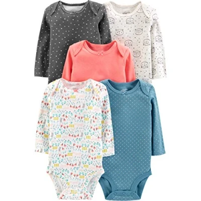 Image of Simple Joys by Carter&#039;s Baby 5 Pack Long Sleeve Bodysuit, Dots/Floral/Hearts/Owl, Premature (Pack of 5)