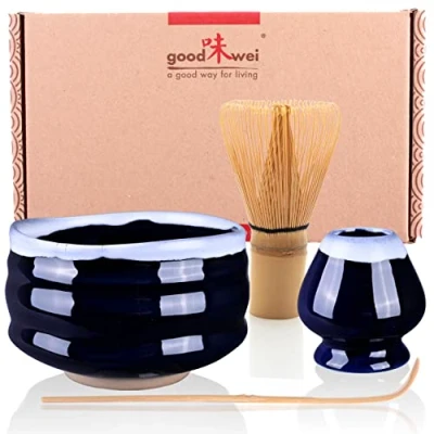 Image of Goodwei Premium Matcha Tea Set Ceremonial Bowl Chawan, Whisk and Holder + Gift Box (Kori, 120)
