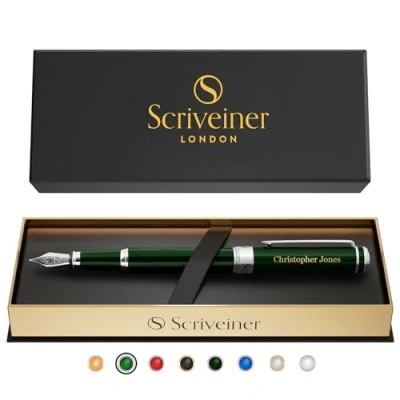 Image of Scriveiner Personalised British Racing Green Pen Stunning Lacquer Luxury w/Chrome Finish, German Schmidt Nib (Medium), Best Engraved Fountain Gift Set for Men &amp; Women, Name Engraving